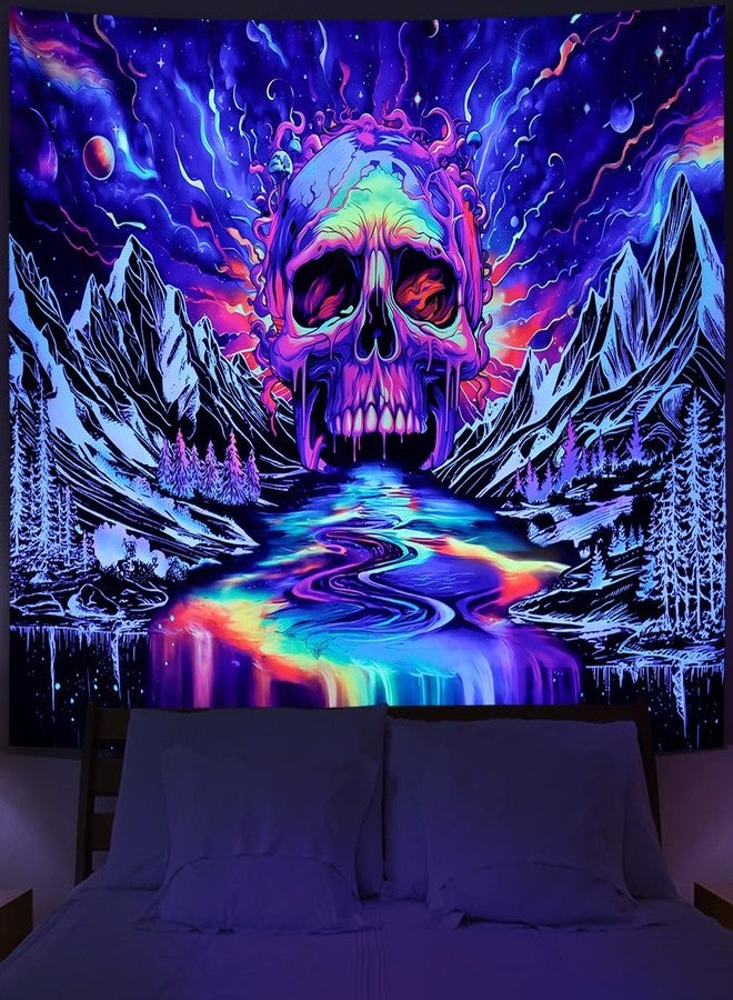 Lahasbja Blacklight Skull Tapestry UV Reactive Galaxy Mountain Planet Tapestries Magic Neon River Wall Hanging Aesthetic Skeleton Wall Decor Forest Trees Landscape Backdrop for Living Room - Image 1